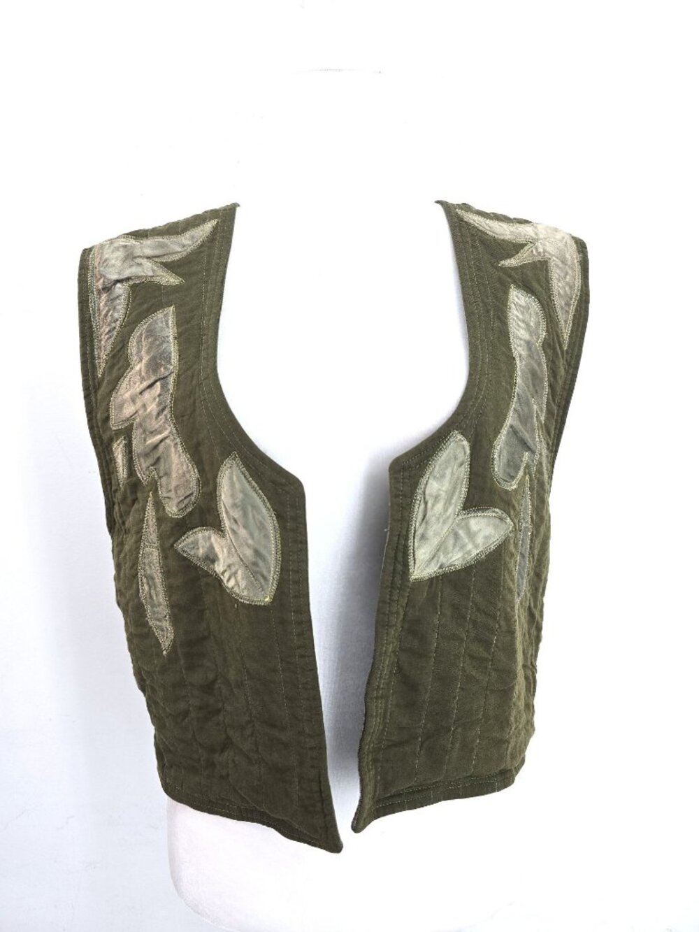 Vintage Olive Green Quilted Satin Embroidered Open Front Top Waistcoat  M/L